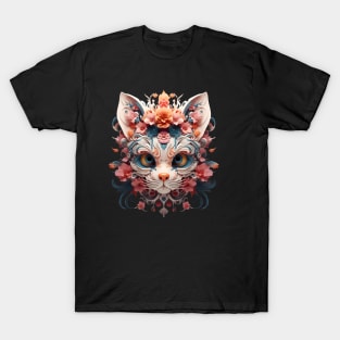 Cat 3d skull blooming flower T-Shirt